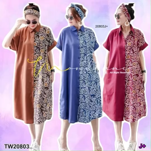 B20803 เดรสคอปกเซิ้ต แขนเบิ้ล พิมพ์ลายทูโทน Collared shirt dress double sleeves two-tone print.