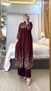 Ethnic Long Tunik Set - One Set Wanita Long Tunik Rayon Premium Setelan Wanita Kekinian LD 110 cm