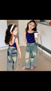 SETELAN ANAK PEREMPUAN KOREAN STYLE TANK TOP CELANA PANJANG JEANS DENIM RIPPED