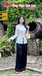 Bộ Bà Ba Cách Tân Gấm Dài Tay Cổ Tròn Nút Bọc Bà Ba Miền Tây Lụa Gấm Nhã Nhặn