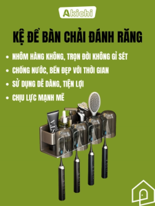 Kệ để bàn chải đánh răng AKICHI treo tường bằng keo không cần khoan nhôm hàng không cao cấp chống gỉ