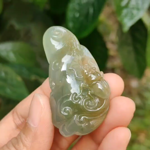 Green and Yellow Natural Type A Jadeite Pendant Necklace Crafted with Ruyi and Beetle certificate included weigh 23.25 grams 52.3 * 29 * 9.9 mm symbols of A steady flow of wealth protection from danger safety and health (pendant163)