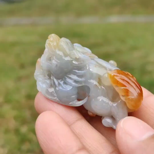 Super Rare ReddishYellow abd Tea Green Premium Quality Natural Type A Jadeite Jade crafted with Pixiu as Pendant with certificate weigh 34.14 grams measurement 45.2 * 19.5 * 22.1 mm (pendant221)