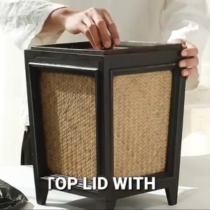 Rattan Basket Wooden Trash Can - Hand Woven Basket Trash Can with Lid Decorative Natural Wood Trash Can for Living Room Bedroom or Bathroom/木制带盖垃圾桶