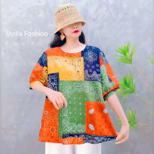 Stella Fashion Women Summer Short Sleeve Casual Flora Round Neck Blouse Ladies Tops Loose Printed T- Shirt Plus Size