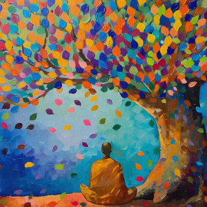 Tranh Phật ngồi thiền dưới cây bồ đề phong cách trang trí trừu tượng tranh treo tường dán tườngCGI-805