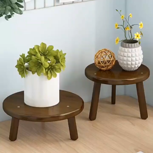Simple Bamboo Round Plant Stand Organizer Household Solid Wood Three Tools Plant Pot Shelf Rack