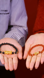 Original 916 K Gold Pixiu Bracelet Six-character Motto Obsidian Stone Bracelet Mens Birthday Gift