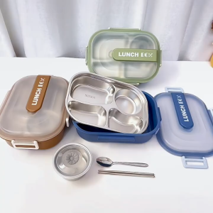 Hộp đựng cơm văn phòng giữ nhiệt Lunch Box inox 304 Khay 4 ngăn dung tích 1400ml Tặng muỗng