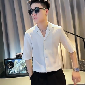 Mens short-sleeved shirt trendy brand ice silk half-sleeved shirt 2024 new fashion mens versatile five-point sleeve top T-shirt