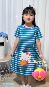 Baju Pakaian Anak Cewek Perempuan Dress Salur Umur 1 2 3 4 5 6 7 8 Tahun Bordir Hello Kitty Cute