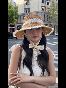 Mũ Cói Đi Biển Vành Rộng Dây Buộc Ren Tiểu Thư Nón Cói Nữ Viền Ren Phụ Kiện Đi Biển Xinh Xắn Cho Ngày Hè Năng Động