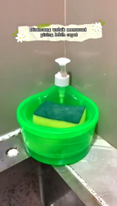 paket tempat sabun cuci piring + spon dispenser sabun cair 2in1 wadah sabun cair bulat DMO AB14