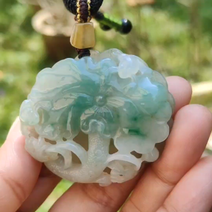 Rare Quality Yellow and Green Natural Type A Jadeite Jade beautifully crafted with frog and lotus old school hollow style certificate weigh 27.08 grams measurement 41.6 * 48 * 11 mm (pendant209)
