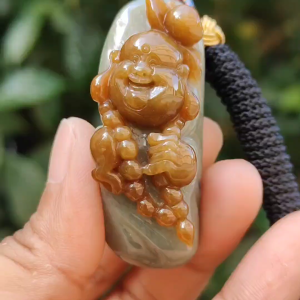 Very Rare Good Quality Reddish Yellow and Light Green Natural Type A Jadeite Jade crafted with Milo Buddha as Pendant with certificate weigh 37.43 grams measurement 50 * 18.5 * 20.3 mm (pendant235)