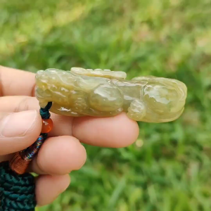 Premium Yellow Natural Type A Jadeite Pendant Necklace Crafted as Pixiu with Ruyi and Coin certificate included weigh 39.48 grams measurement 56.8 * 28.8 * 13 mm suitable for daily wear and collectible (pendant41)