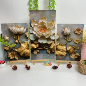 TENNESY Hiasan Dinding 1 Set 3D bunga abstrak emas 3 Panel Besar Wall Decor Pajangan Kamar Tidur Dekorasi Rumah