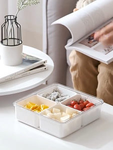 Square Plastic Divided Serving Tray with Lids 4 Individual Dishes Food Storage Containers Serving Platter