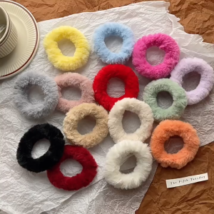 Scrunchie Bulu Mini Halus Motif Polos Ikat Rambut Bulu Korean Style Aesthetic Kunciran Cepol Rambut Hairband