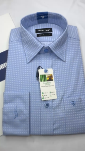 Áo sơ mi dài tay Việt Tiến xanh kẻ ô 1R6468 - Regular vạt bầu có size lớn