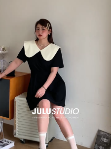 Women Cute Straight barrel Dress Korean Style Sweet Splice Short Sleeve Dress Fashion Black Chiffon Skirt
