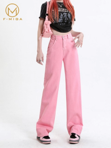 F·MIGA C158 Highwaist Korean Straight Bagy Jeans Celana Panjang Wanita - Pink