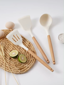 Silicone Cookware Nonstick Food Grade Heat Resistant Wooden Handle Kitchen Utensils