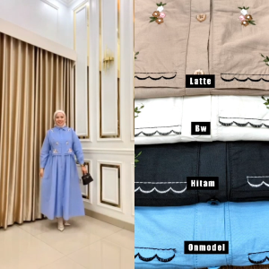 Midi Dress Bordir Bunga - Model Korean Style - Midi Dress Poplin Bordir untuk Wanita