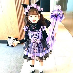 Sanrio Kuromi ชุดเจ้าหญิงโลลิต้าชุดปาร์ตี้ฮาโลวีนสำหรับเด็กผู้หญิงชุดชุดคอสเพลย์ของขวัญวันเกิด Tutu + ปีกปีศาจ + ไม้เท้าวิเศษ + เครื่องประดับผม