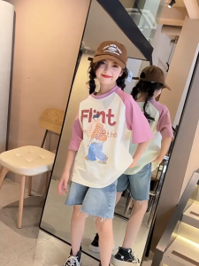 WANDER เสื้อยืดเด็กผญ เสื้อเด็กหญิง พิมพ์ลายกราฟิกกระต่าย เสื้อเชิ้ตแขนสั้นเด็กผู้หญิงหลวมและสวมใส่สบาย