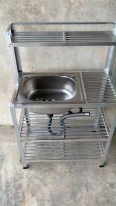 ซิงค์ล้างจานแสนตนเลส 75 ซม มีต่อบน มีชั้นกลาง อ่างล้างจานแสนตนเลส ขาอลูมีเนียม 2 ชั้น กลาง (75ซม.+บน)