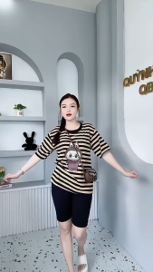 Set Bộ Nữ Thun TĂM LẠNH Quần Ngố + Áo Sọc FORM RỘNG In Gấu LaBuBu Bigsize Women