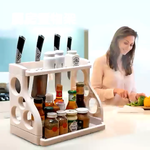 MM Double Layer Kitchen Condiments Seasoning Storage Spice Canister Jar Rack Organizer with Knife Rack