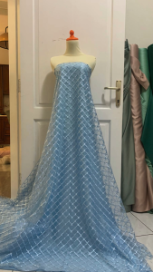 Kain Brukat Tille Kotak | Tille Jaring | Tulle Maze | Tille Mesh Kotak Square Korea 1/2 meter Warna Baby Blue