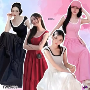 TW20789 เดรสยาว กุ้นรอบคอรอบแขน กระโปรงชั้น ..