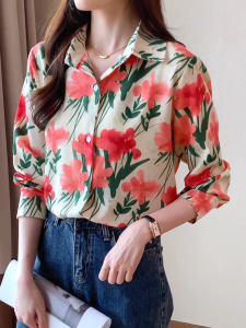 เสื้อเชิ้ตผ้าฝ้ายลายดอกไม้สีครีมและส้มอมชมพู แขนยาว แฟชั่นสไตล์เกาหลี