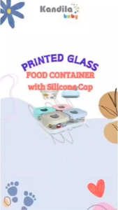 Kandila Baby PRINTED Glass Food Container 180ml with Base & Silicone Cap (4 pcs) - Peralatan Makan Anak
