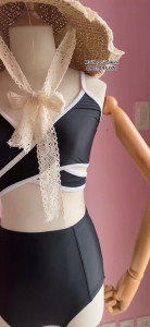 [KIỂU MỚI + FORM CHUẨN] Set bikini 2 mảnh áo hai dây đen viền trắng cột eo mix quần lưng cao đen