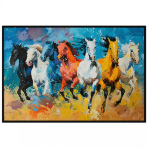 Tranh sơn dầu phong thủy mã đáo thành công 7 con ngựa hút tài lộc công danh tranh treo tường dán tường.CGI-726