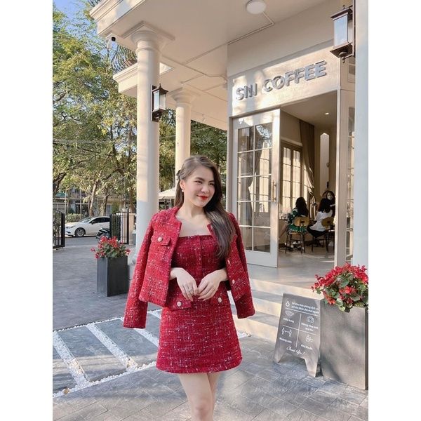 Set áo dạ tweed đỏ phối da kèm chân váy da body Tiemcuachii dáng ngắn chuẩn  form | Shopee Việt Nam