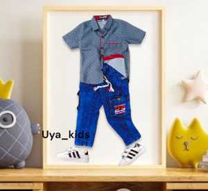 setelan termurah kemeja anak lengan pendek celana panjang biru kantong samping untuk umur 1 tahun sampai 12 tahun//kemeja bermotif lengan pendek termurah dan terbaru 2023//celana jeans biru psnjsng terlsris