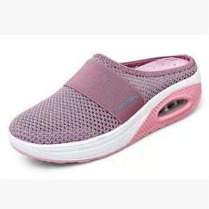 [Free Shipping] Autumn New Collection: Plus-Size Cushioned Knitted Closed-Toe Slippers With Thick Soles Wedge Heels And A Mesh Upper In Solid Colors For Casual Wear