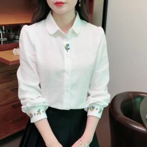 AMMIN 2025 Korean Style Pastoral Artistic Floral Embroidery Design Long Sleeve Cotton Shirt for Women Autumn New Comfortable Casual Turn-down Collar Single-breasted Elegant Blouse