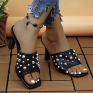 [Free Shipping] WomenS Stylish Sandals Fashion Sandals With Rivets Open-Toe Design Versatile Style And Thin High Heels Size 43