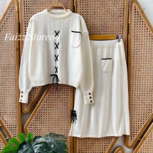 Oneset Rok Span Yunda Premium - Meela Sweater Crop Rajut Motif Cable Tali Kur Setelan Wanita Lengan Panjang Kekinian