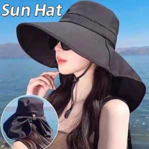Women Summer Sunshade Hat Large Brim UV Protection Solid Color Shawl Hat Windproof Beach Hat