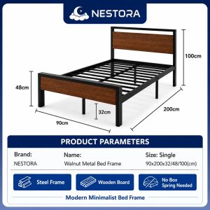 NESTORA Walnut Metal Bed Frame Single Super Single Queen Heavy Duty Steel Slat Platform Apartment Iron Bedstead 床架