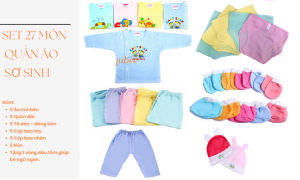 [TẶNG VÒNG DÂU TẰM ] Set 27 Quần Áo Tã Dán Tã Lót Khăn Sữa Sơ Sinh gồm 5 Áo màu + 5 Quần dài + 10 Bao Tay Chân + 2 Nón + 5 Tã dán