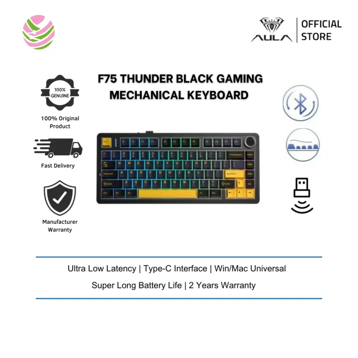 Aula F75 HotSwap Mechanical RGB Gaming Keyboard (Thunder Black) Gray wood switch V3