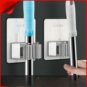 Stainless Steel Mop Hook Mop Holder with Hook Self Adhesive Storage Rack Wall Mounted No Drill for Family